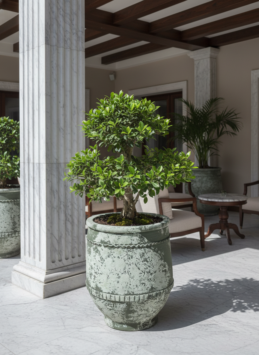 Pot en terre cuite vert vieilli rustique à bandes décoratives pour jardins