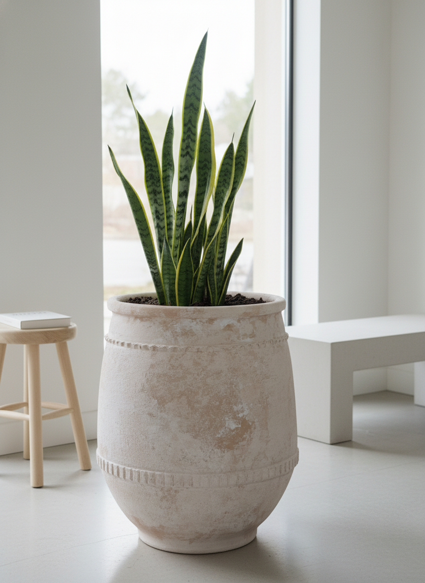 Pot en terre cuite beige rustique à bandes texturées et profil arrondi