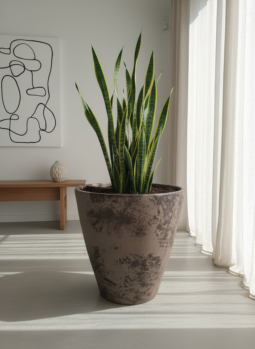 Rustieke taupe terracotta plantenbak met verweerde afwerking en taps toelopende vorm