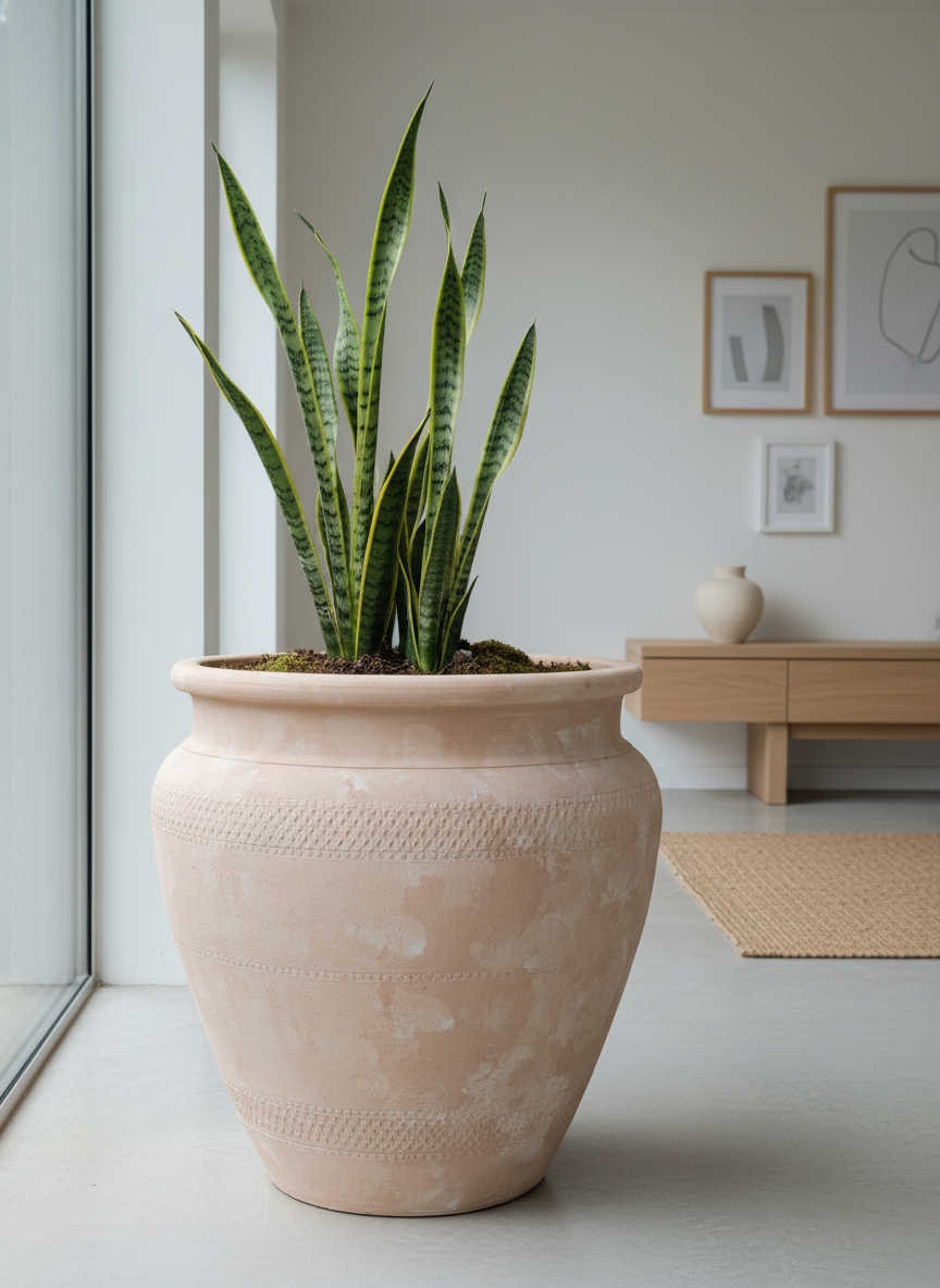 Pot de fleurs rustique en terre cuite naturelle avec bandes texturées et rebord