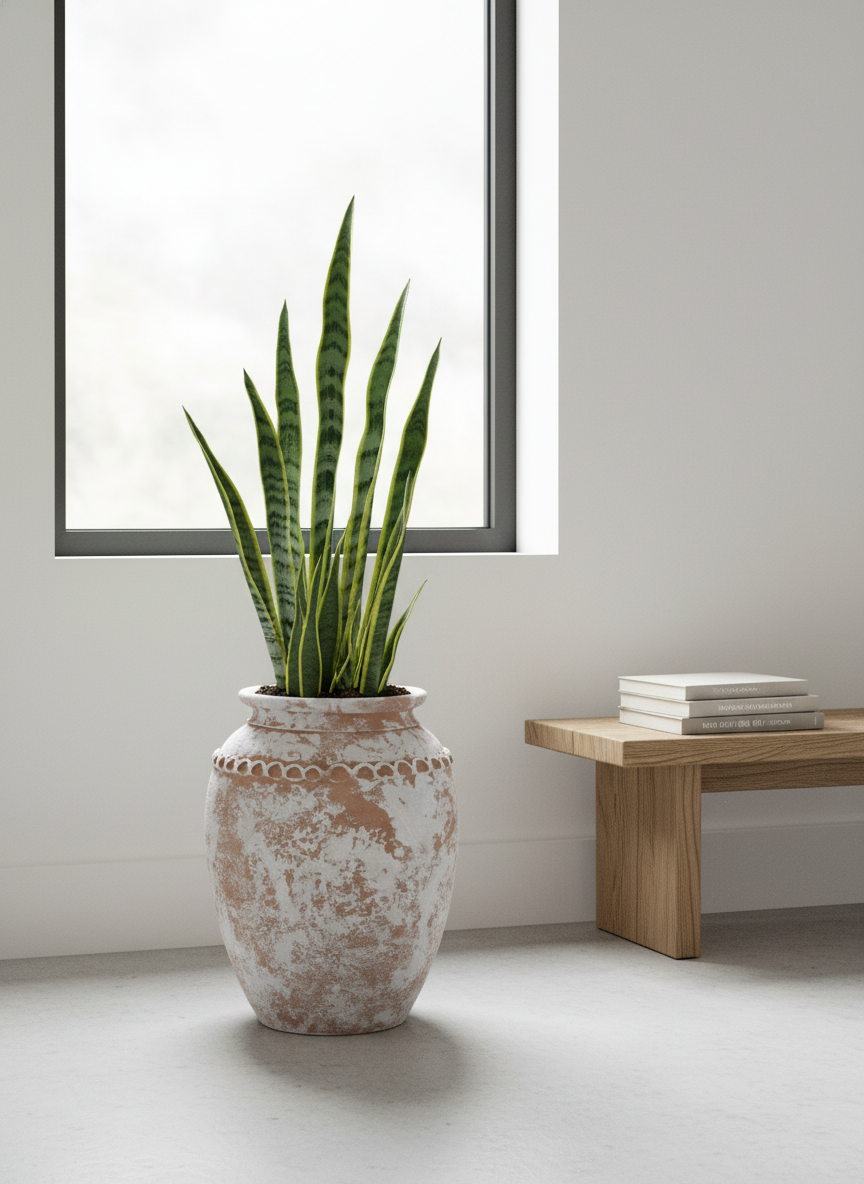 Vaso rustico in terracotta sbiancata con corpo arrotondato e bordo decorativo