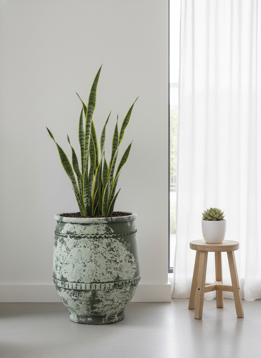 Pot en terre cuite vert vieilli rustique à bandes décoratives pour jardins
