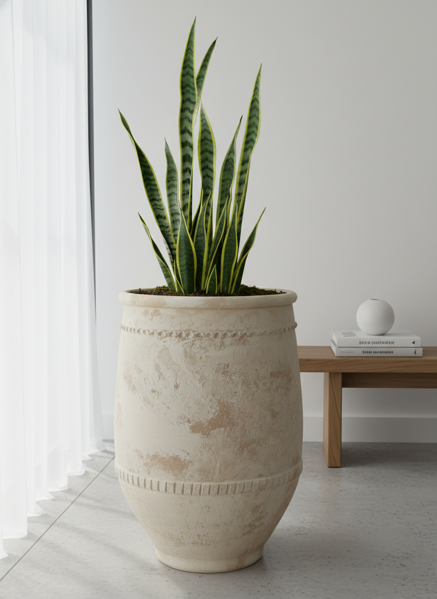 Pot en terre cuite crème rustique à texture vieillie et bandes décoratives