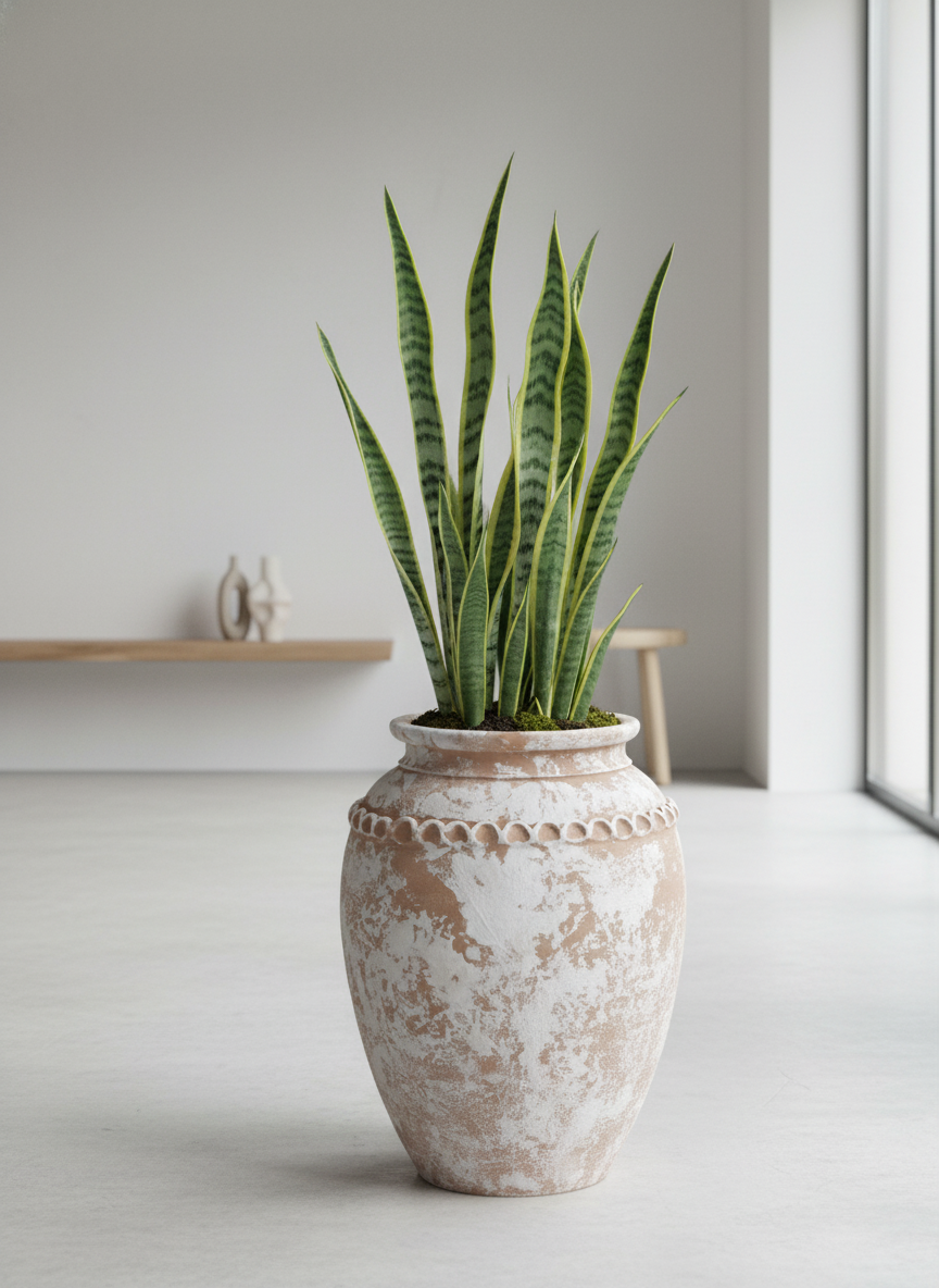 Pot en terre cuite rustique blanchi, à corps arrondi et bord décoratif
