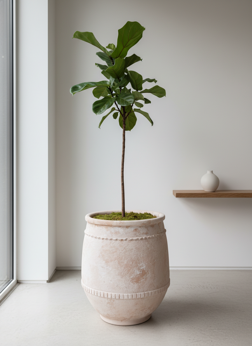 Pot en terre cuite beige rustique à bandes texturées et profil arrondi