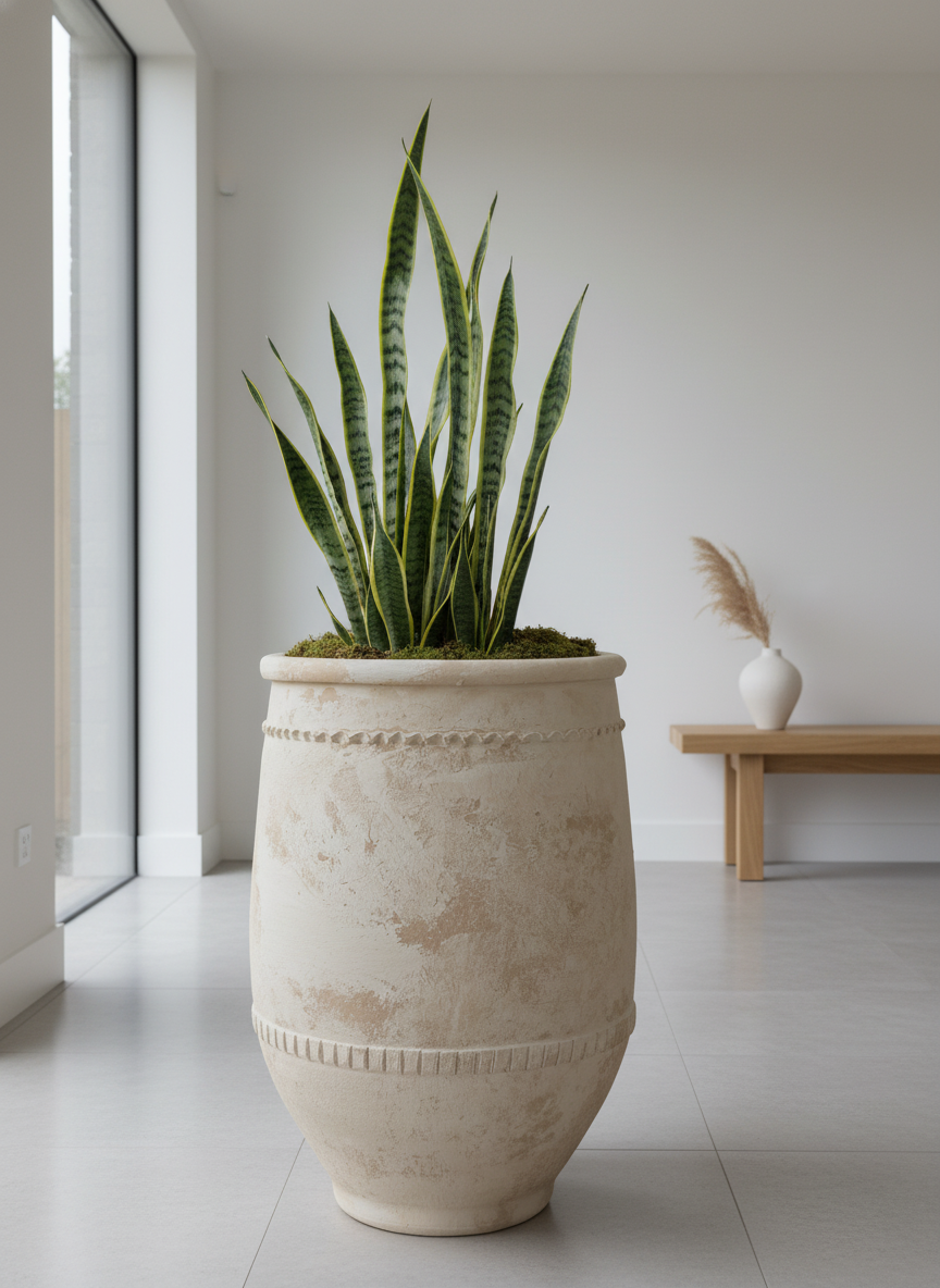 Pot en terre cuite crème rustique à texture vieillie et bandes décoratives