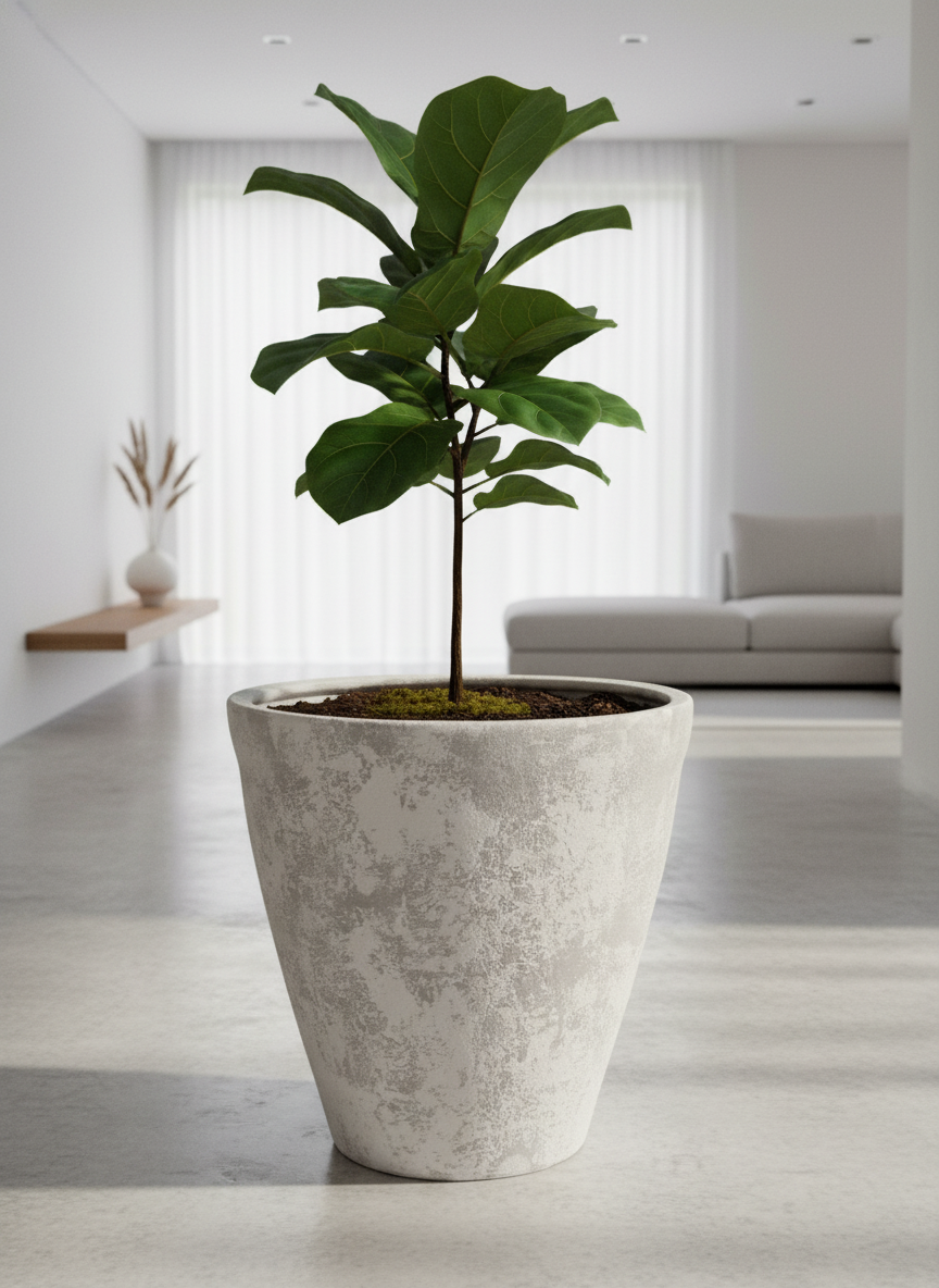 Rustieke lichtgrijze terracotta plantenbak met gestructureerde afwerking en taps toelopende vorm