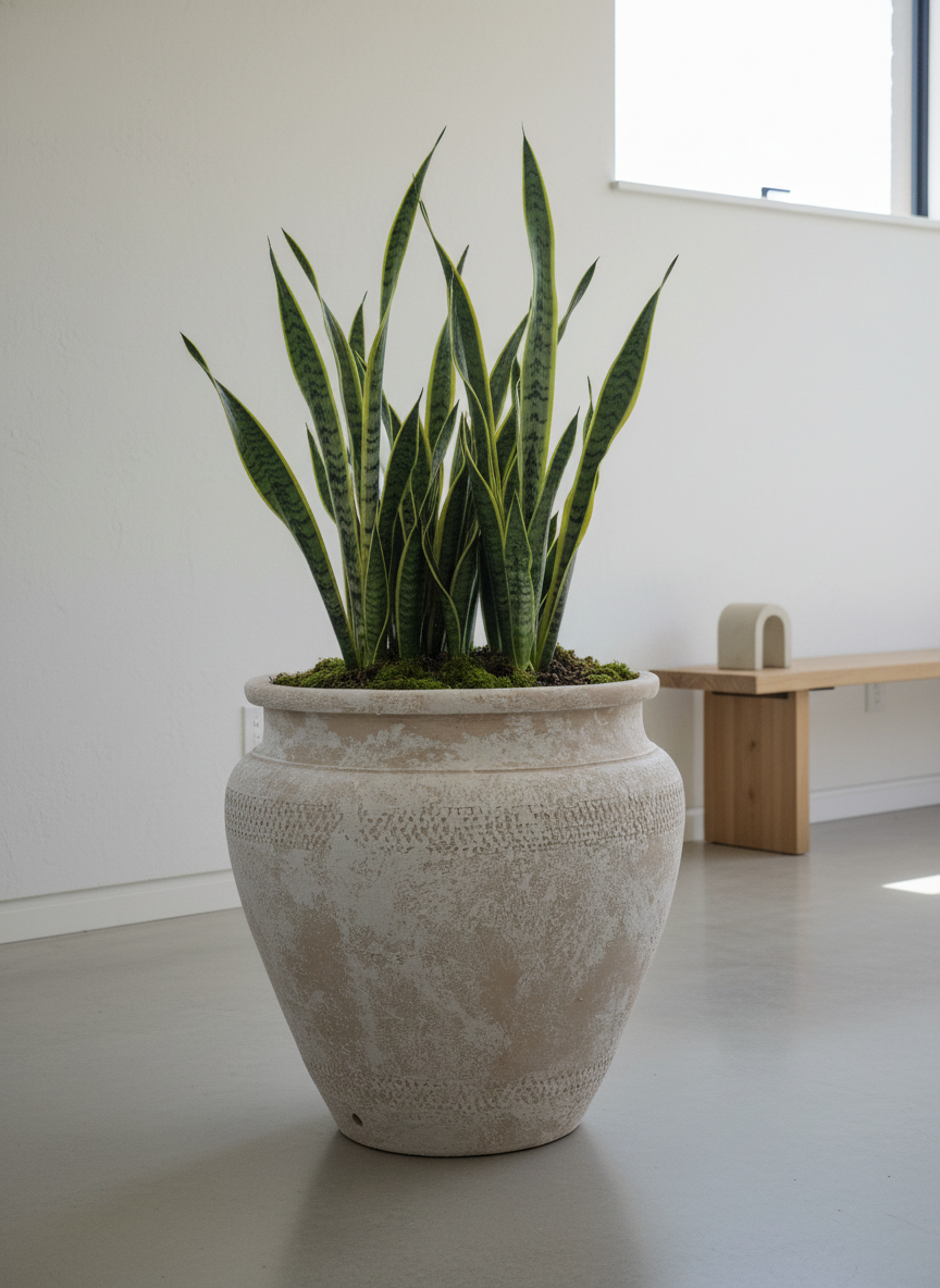 Pot en terre cuite beige rustique à surface texturée et silhouette arrondie