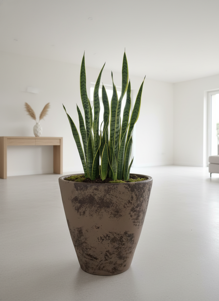 Rustieke taupe terracotta plantenbak met verweerde afwerking en taps toelopende vorm