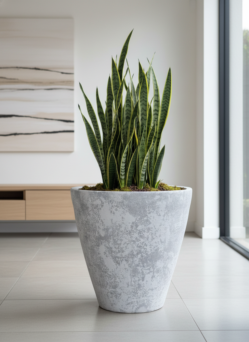 Pot en terre cuite gris clair rustique à finition texturée et forme effilée