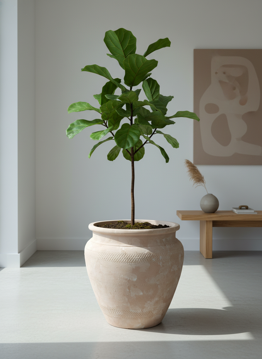Maceta rústica de terracota natural con bandas texturizadas y borde