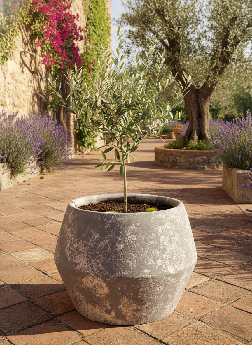 Pot en terre cuite gris rustique à finition texturée et silhouette géométrique