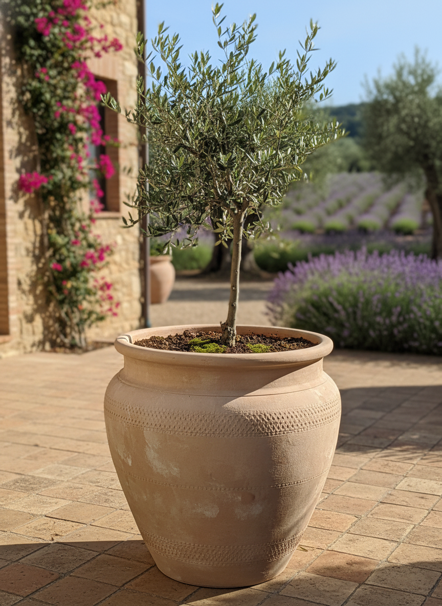 Maceta rústica de terracota natural con bandas texturizadas y borde
