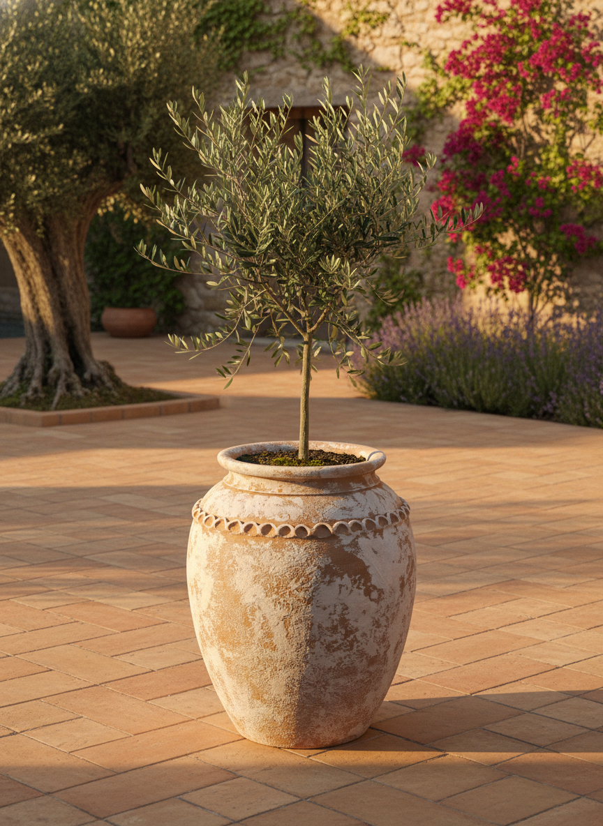 Vaso rustico in terracotta sbiancata con corpo arrotondato e bordo decorativo
