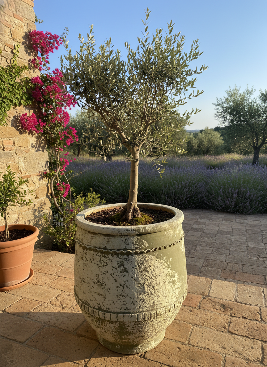 Pot en terre cuite vert vieilli rustique à bandes décoratives pour jardins