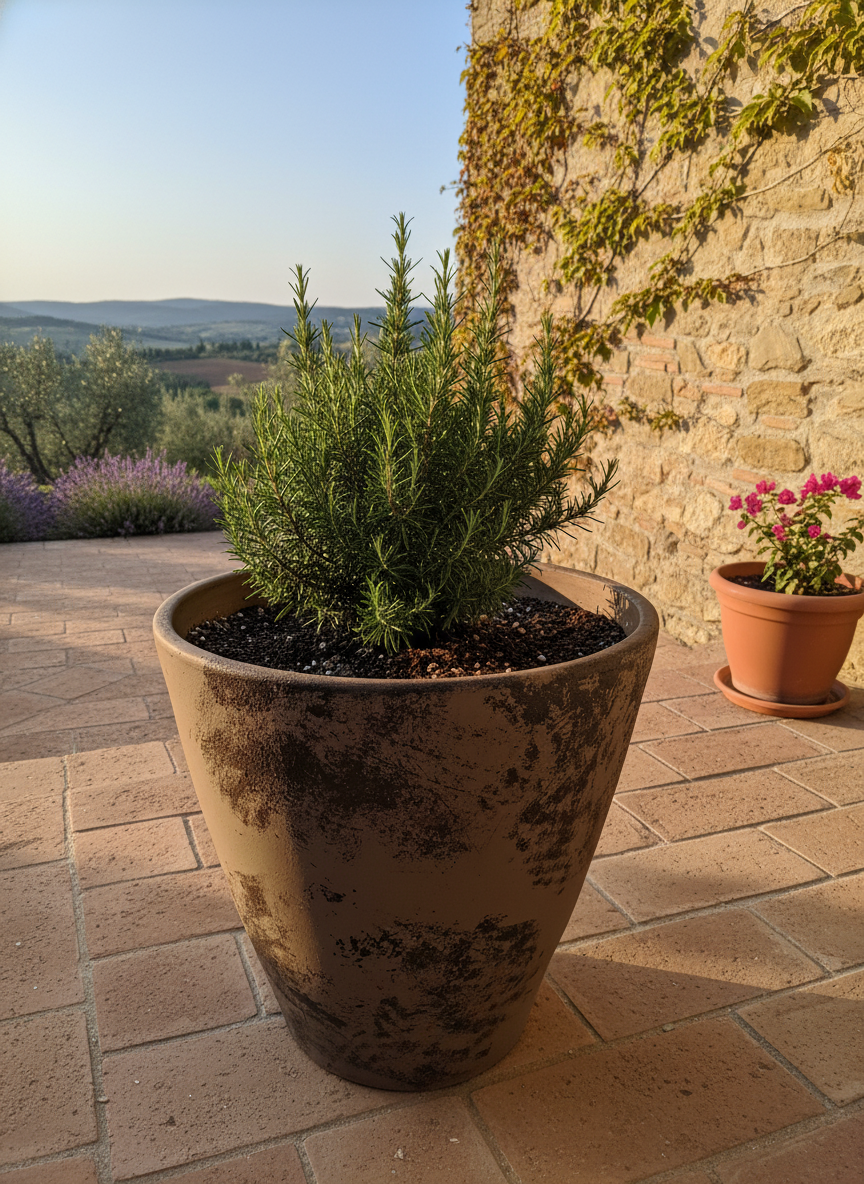Rustieke taupe terracotta plantenbak met verweerde afwerking en taps toelopende vorm