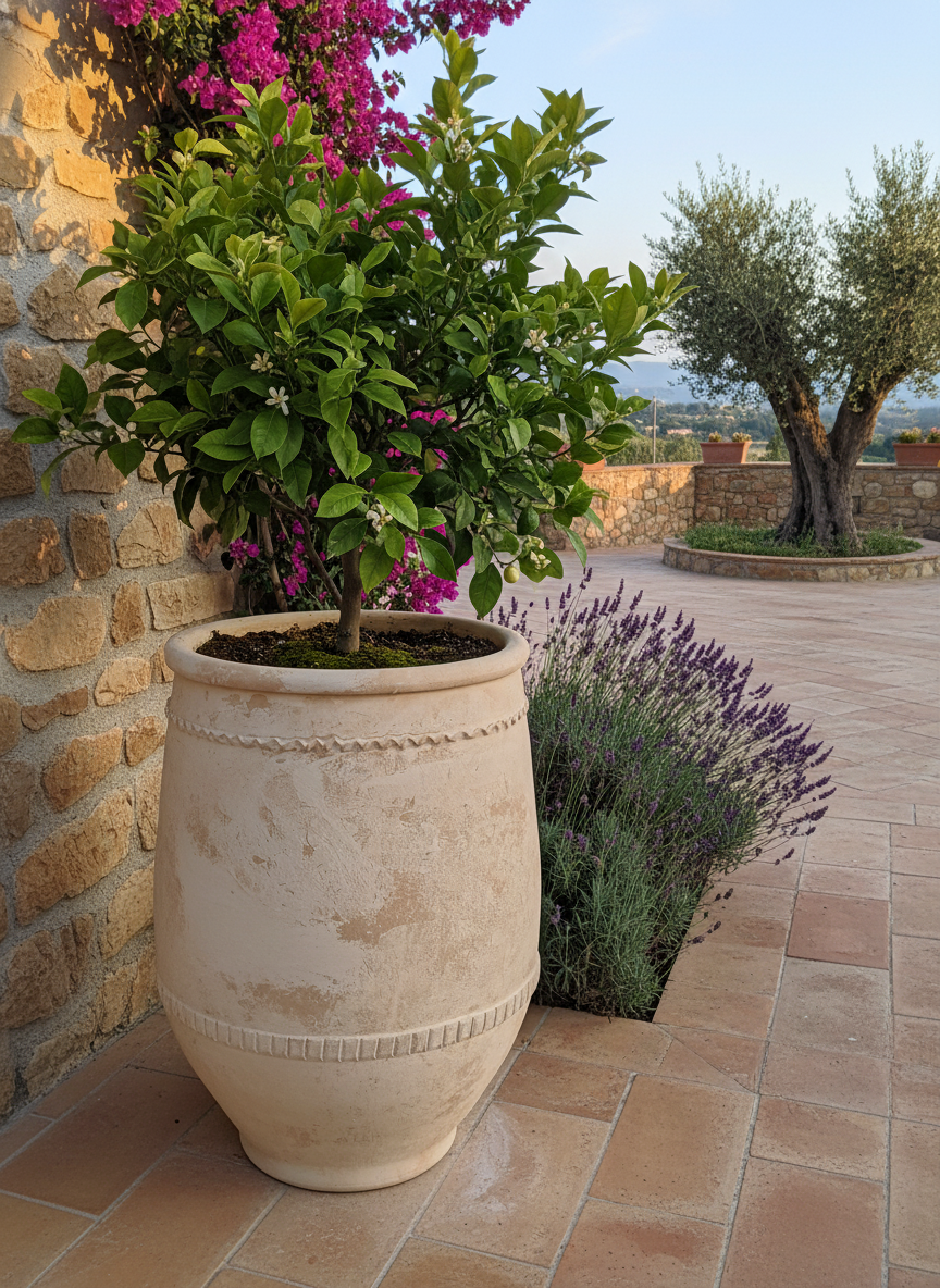 Pot en terre cuite crème rustique à texture vieillie et bandes décoratives