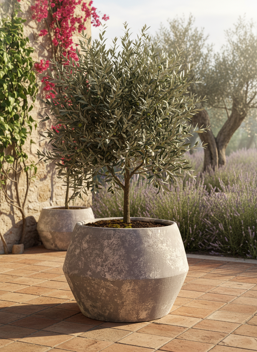 Pot en terre cuite gris rustique à finition texturée et silhouette géométrique