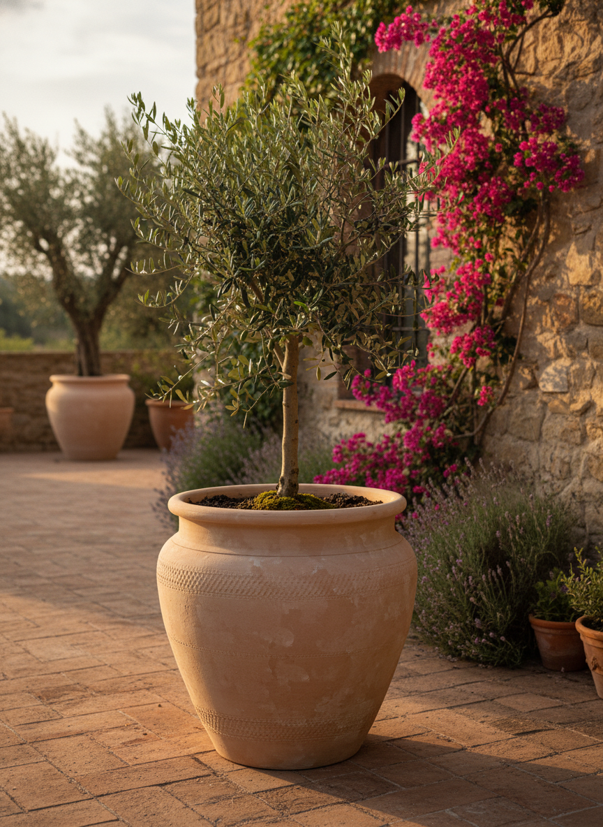 Maceta rústica de terracota natural con bandas texturizadas y borde