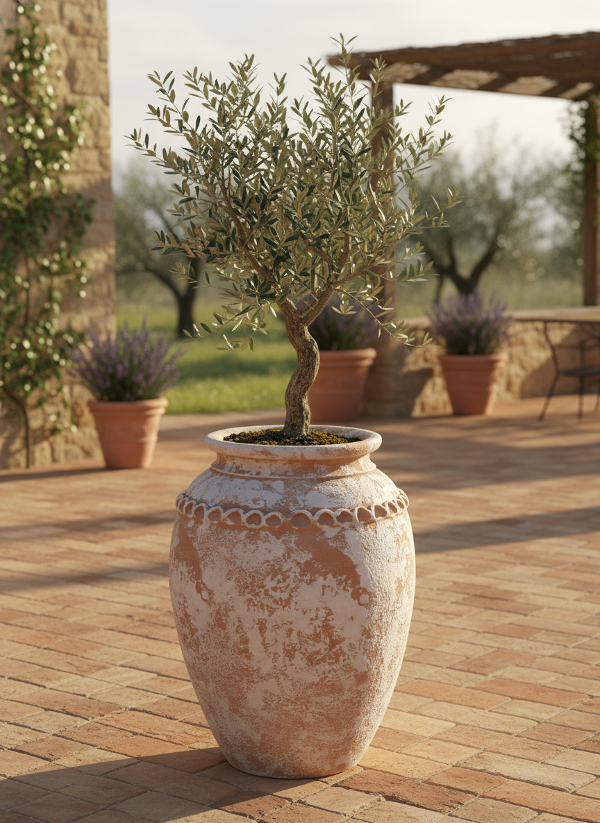 Vaso rustico in terracotta sbiancata con corpo arrotondato e bordo decorativo