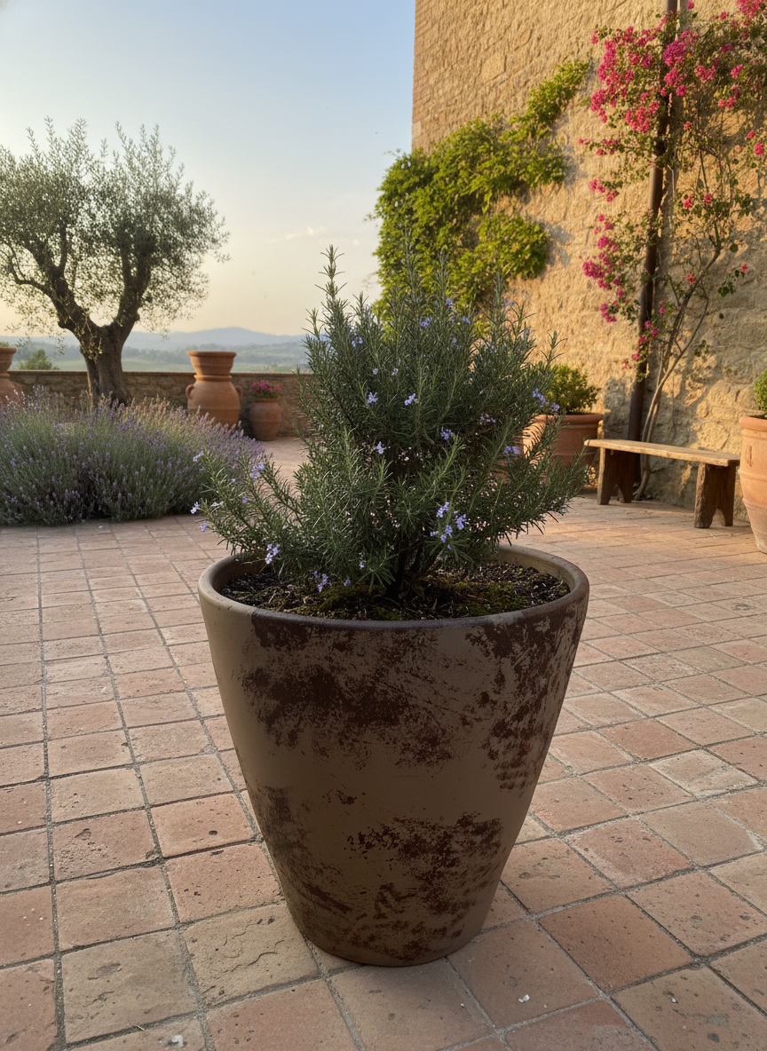 Rustieke taupe terracotta plantenbak met verweerde afwerking en taps toelopende vorm