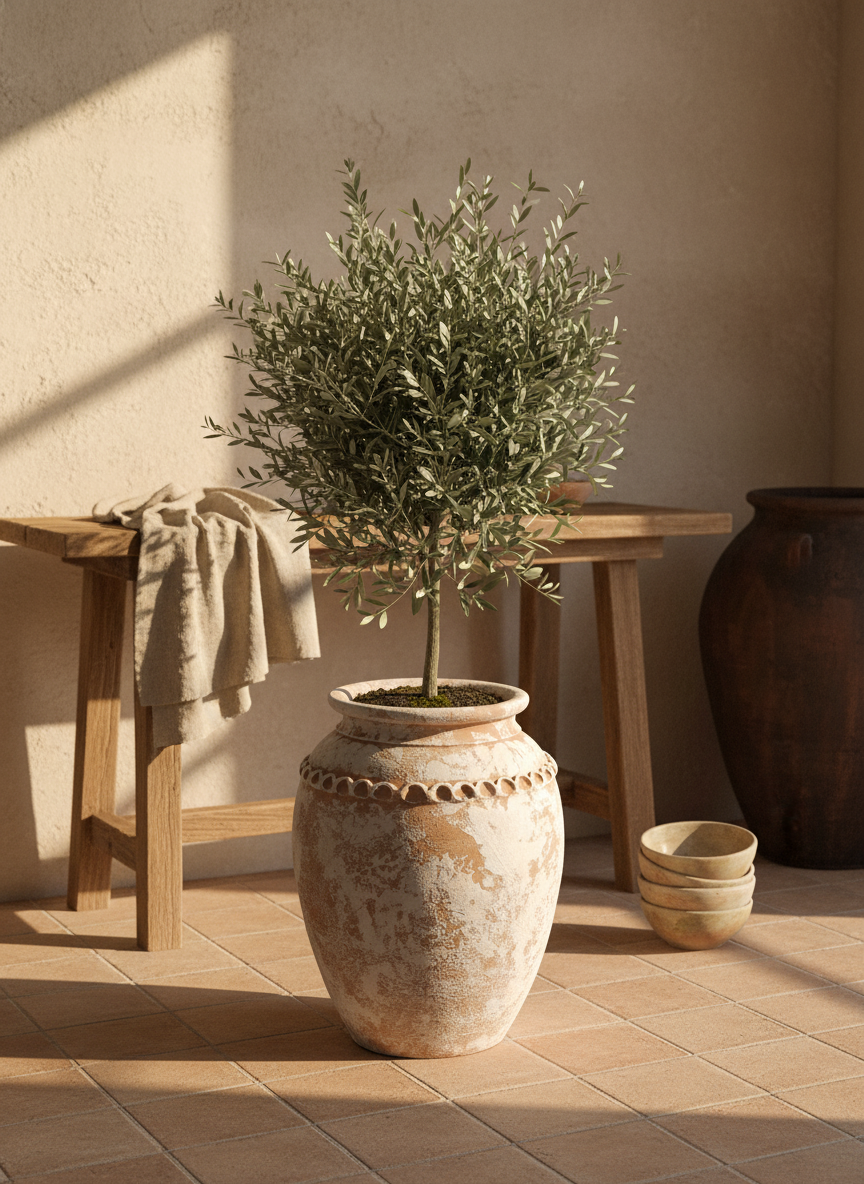 Vaso rustico in terracotta sbiancata con corpo arrotondato e bordo decorativo