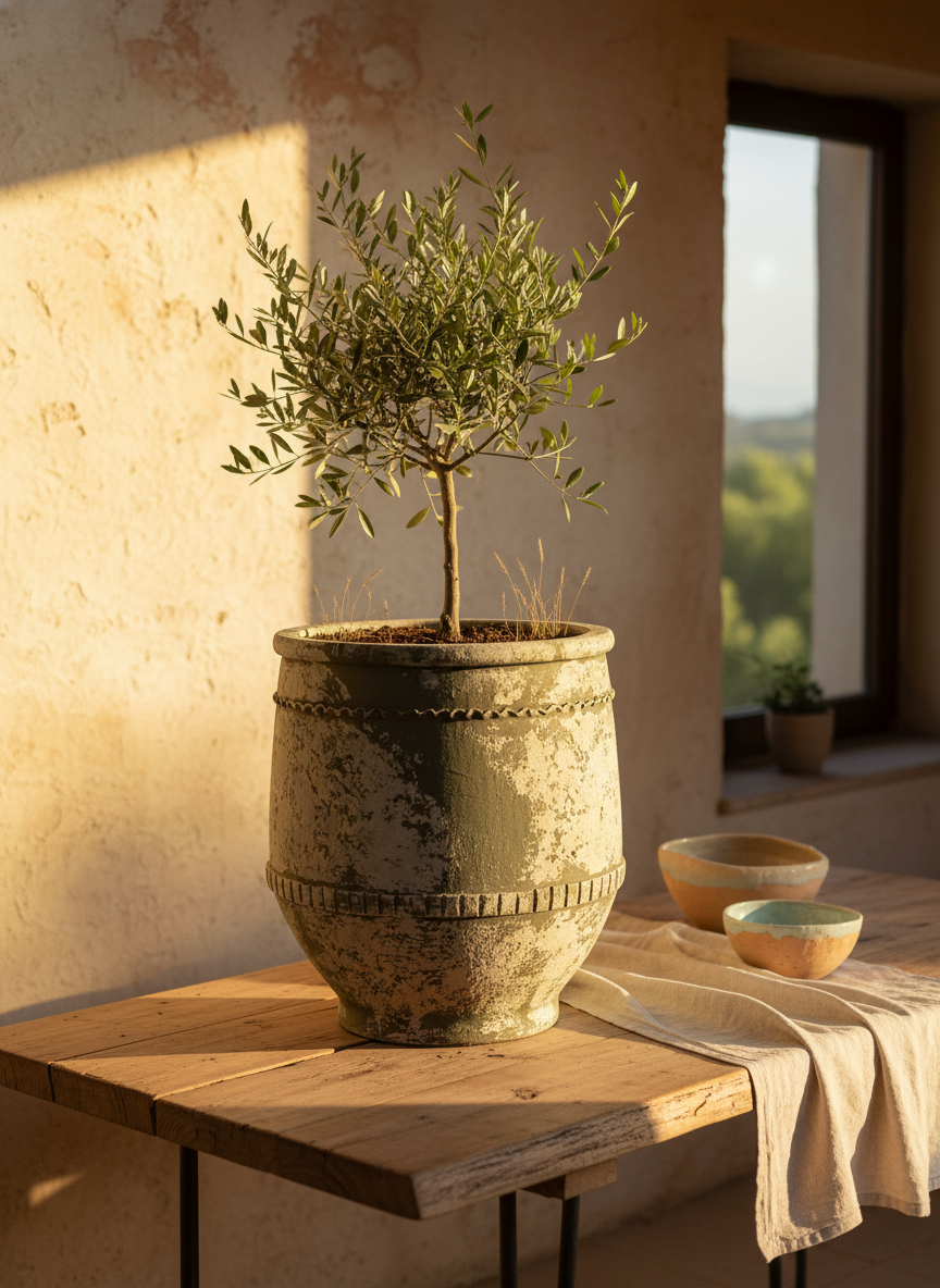 Pot en terre cuite vert vieilli rustique à bandes décoratives pour jardins