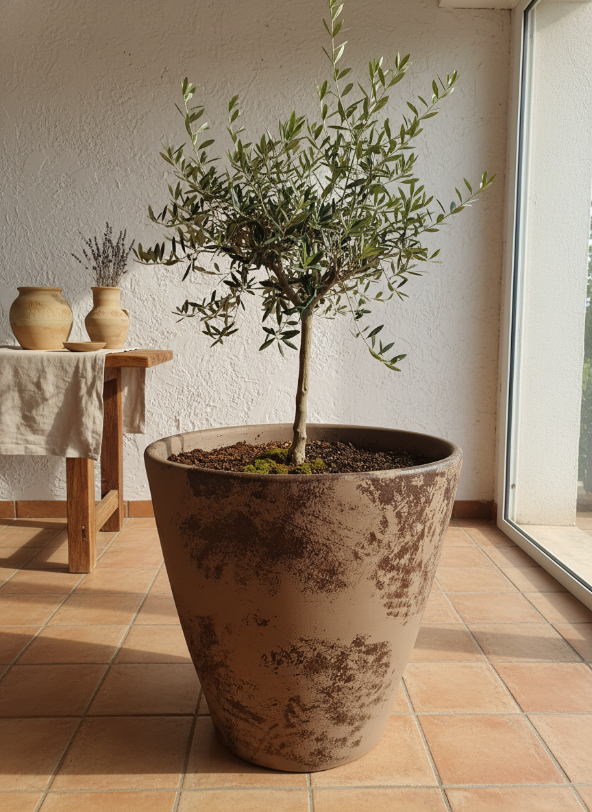 Rustieke taupe terracotta plantenbak met verweerde afwerking en taps toelopende vorm