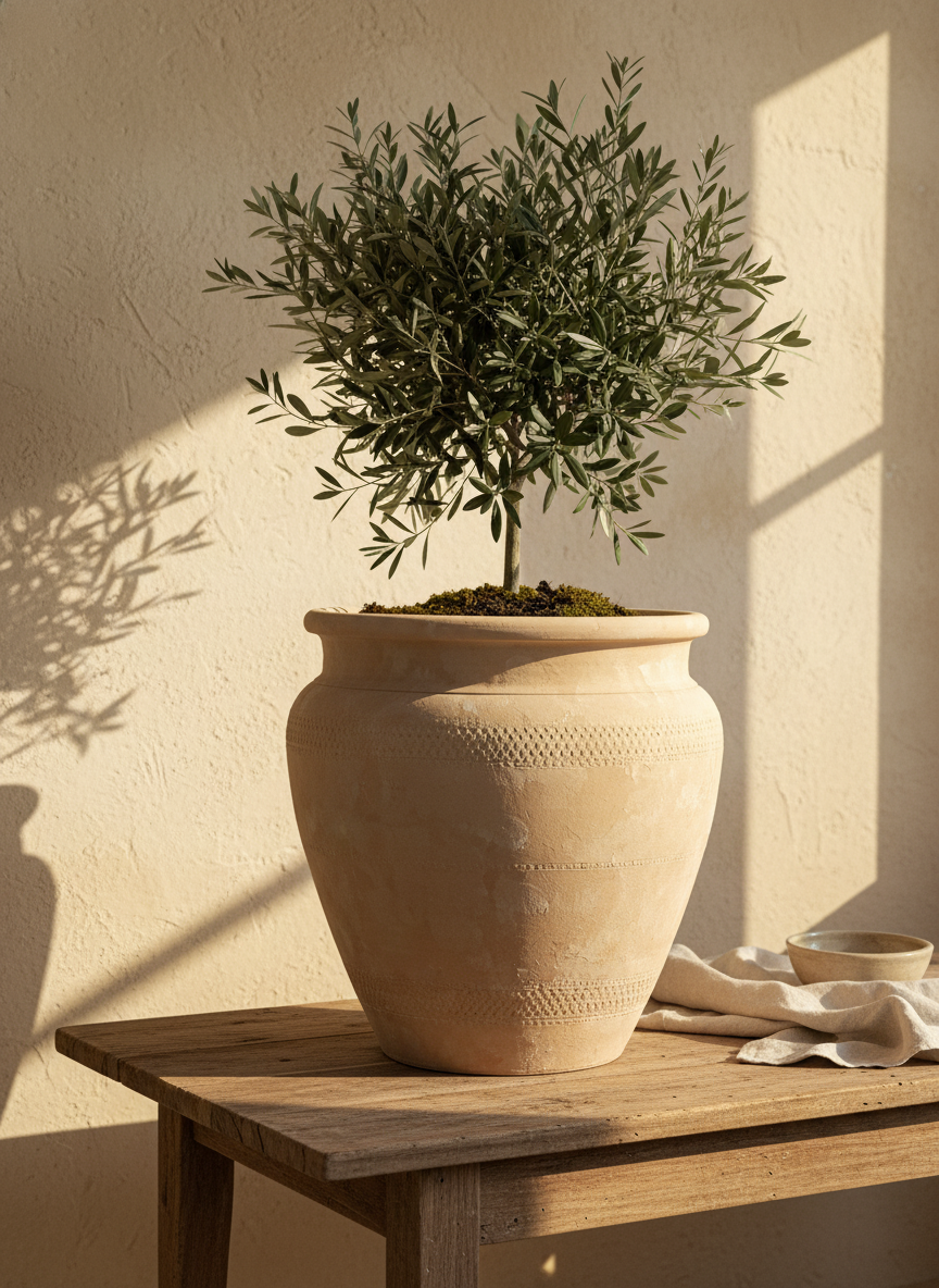 Maceta rústica de terracota natural con bandas texturizadas y borde