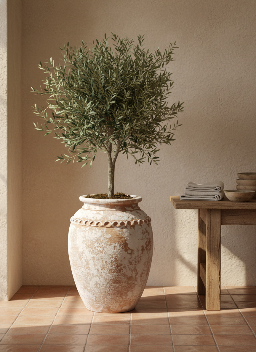 Vaso rustico in terracotta sbiancata con corpo arrotondato e bordo decorativo