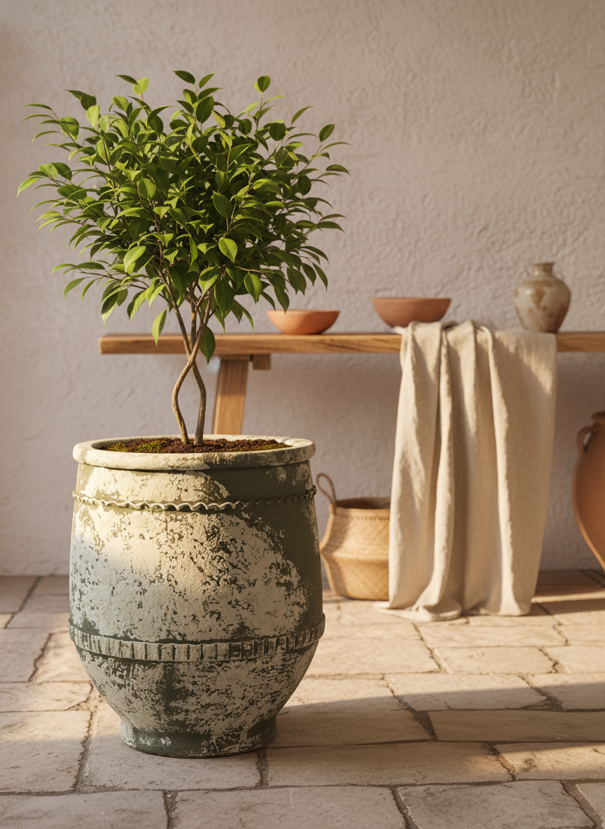 Pot en terre cuite vert vieilli rustique à bandes décoratives pour jardins