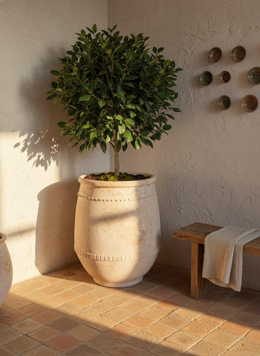 Pot en terre cuite beige rustique à bandes texturées et profil arrondi