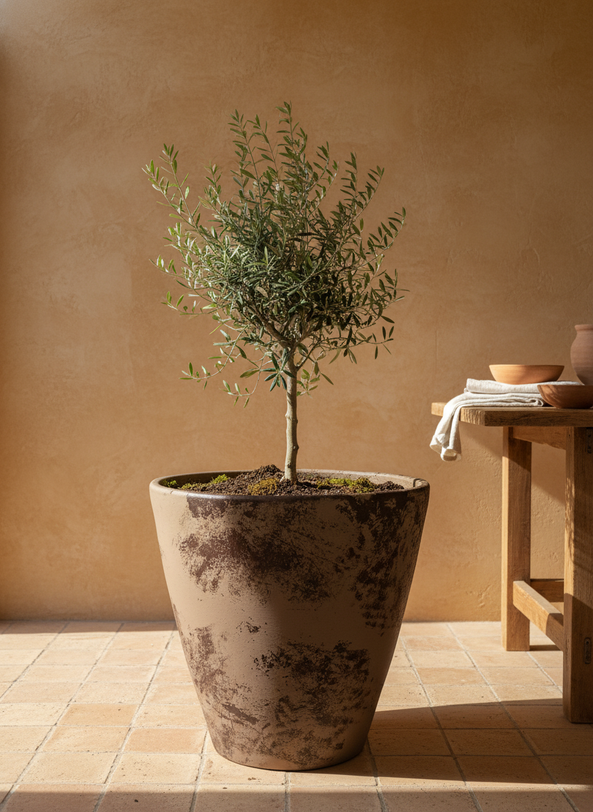 Rustieke taupe terracotta plantenbak met verweerde afwerking en taps toelopende vorm
