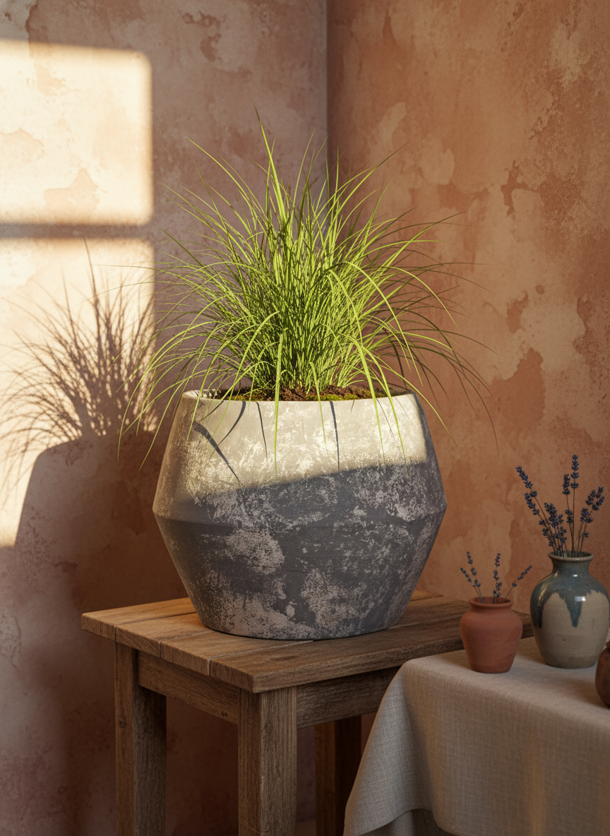 Pot en terre cuite gris rustique à finition texturée et silhouette géométrique