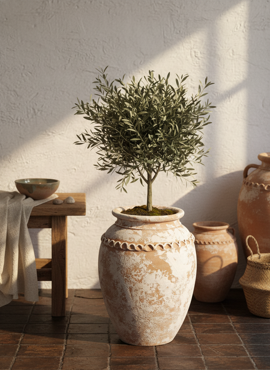 Vaso rustico in terracotta sbiancata con corpo arrotondato e bordo decorativo