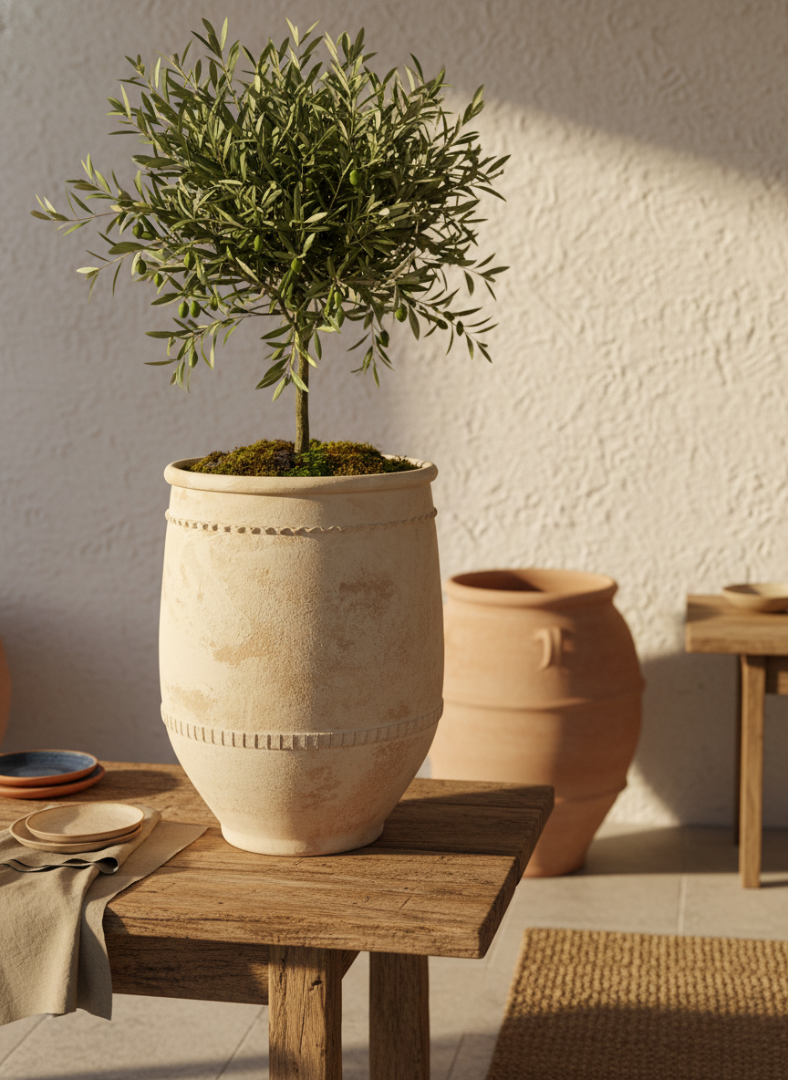 Pot en terre cuite crème rustique à texture vieillie et bandes décoratives