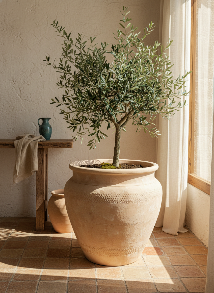 Maceta rústica de terracota natural con bandas texturizadas y borde