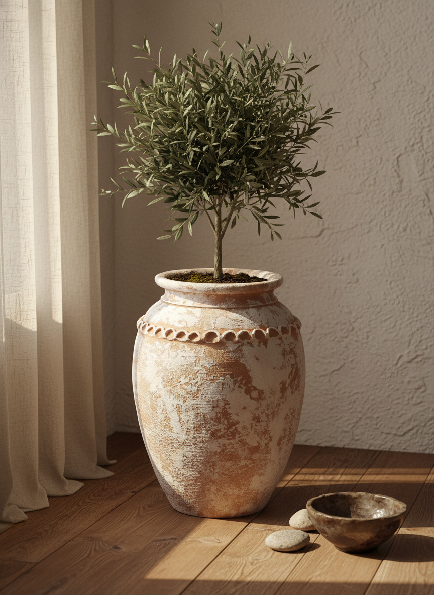 Vaso rustico in terracotta sbiancata con corpo arrotondato e bordo decorativo