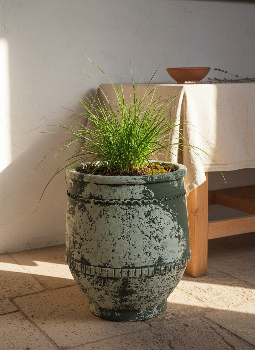 Pot en terre cuite vert vieilli rustique à bandes décoratives pour jardins