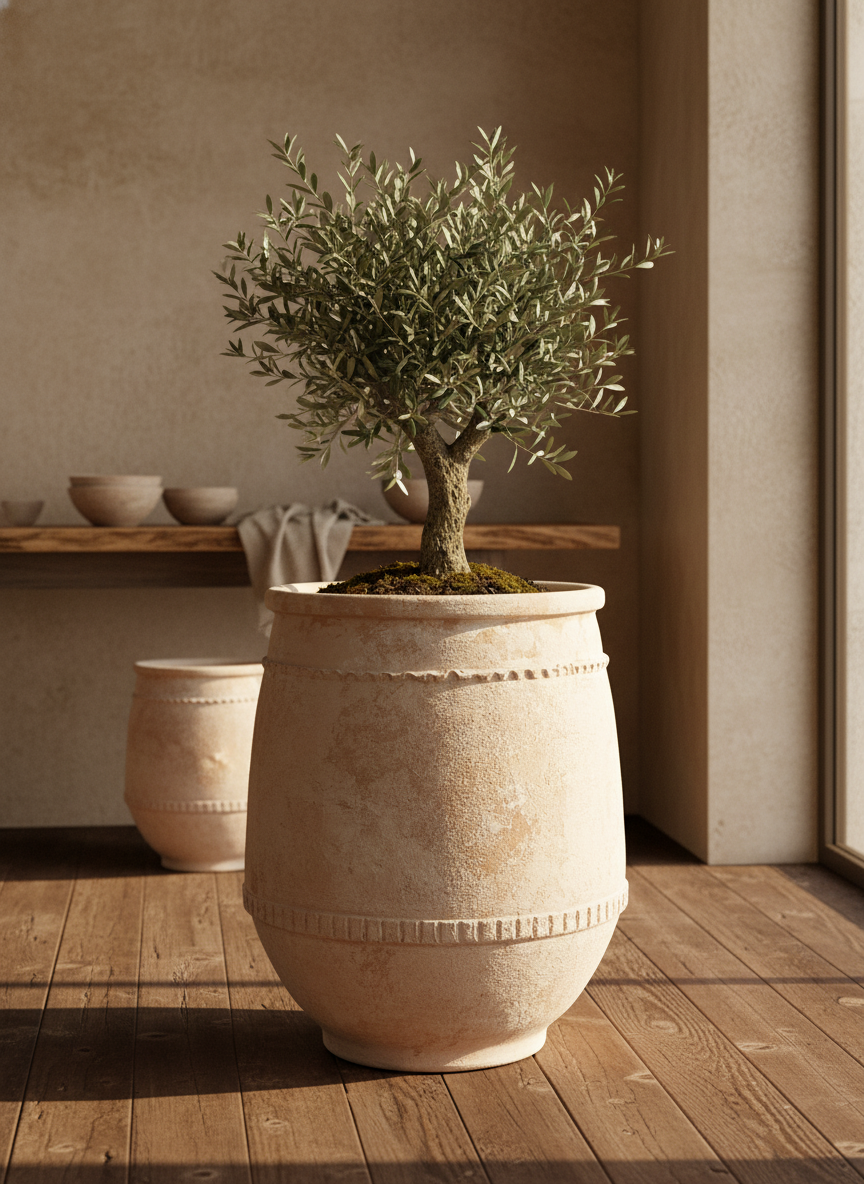 Pot en terre cuite beige rustique à bandes texturées et profil arrondi