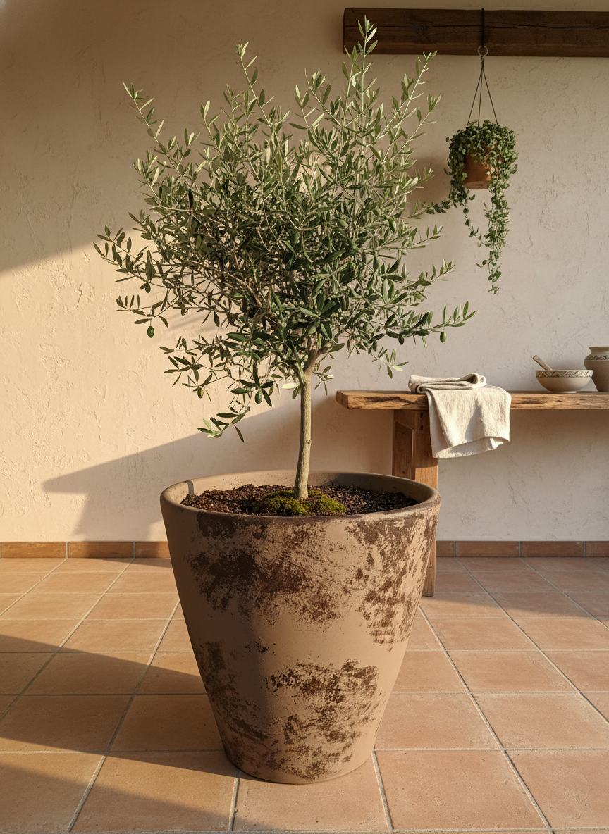 Rustieke taupe terracotta plantenbak met verweerde afwerking en taps toelopende vorm