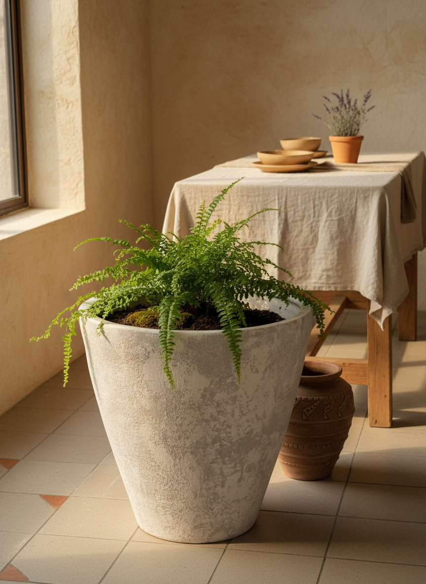 Rustieke lichtgrijze terracotta plantenbak met gestructureerde afwerking en taps toelopende vorm