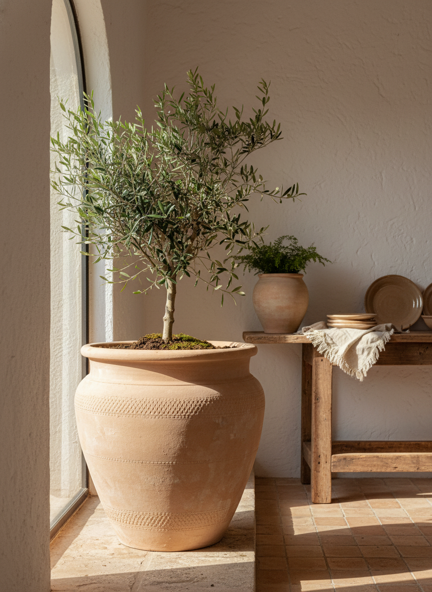 Maceta rústica de terracota natural con bandas texturizadas y borde