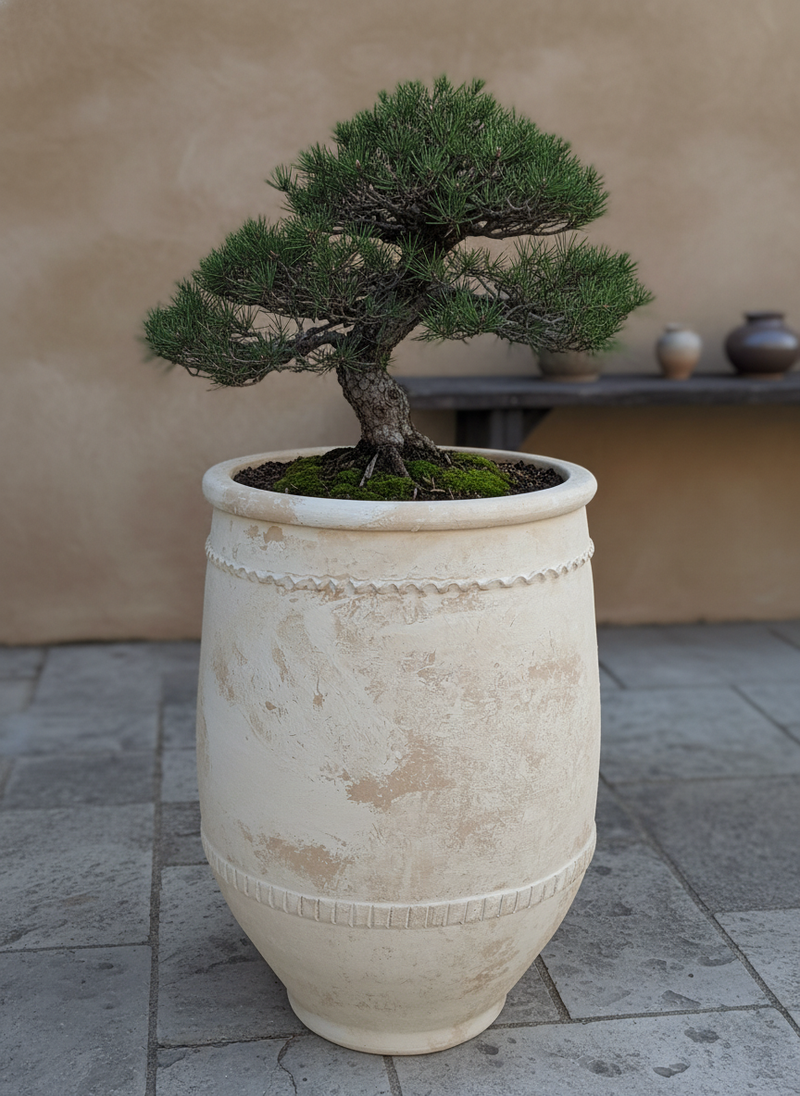 Pot en terre cuite crème rustique à texture vieillie et bandes décoratives