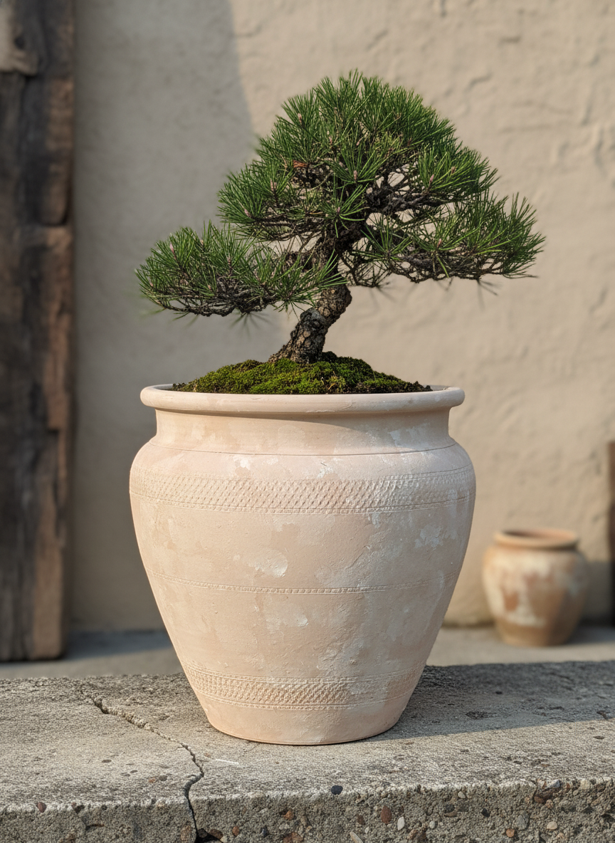 Pot de fleurs rustique en terre cuite naturelle avec bandes texturées et rebord