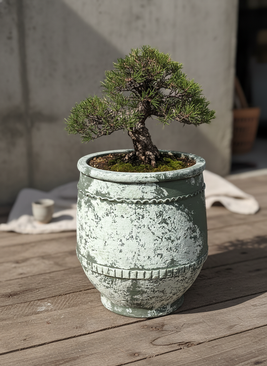 Pot en terre cuite vert vieilli rustique à bandes décoratives pour jardins