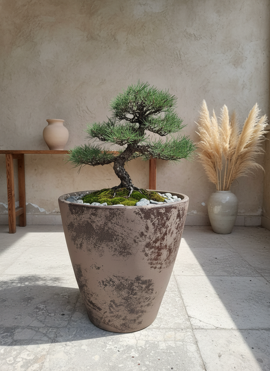 Pot rustique taupe et terracotta à finition vieillie et forme fuselée