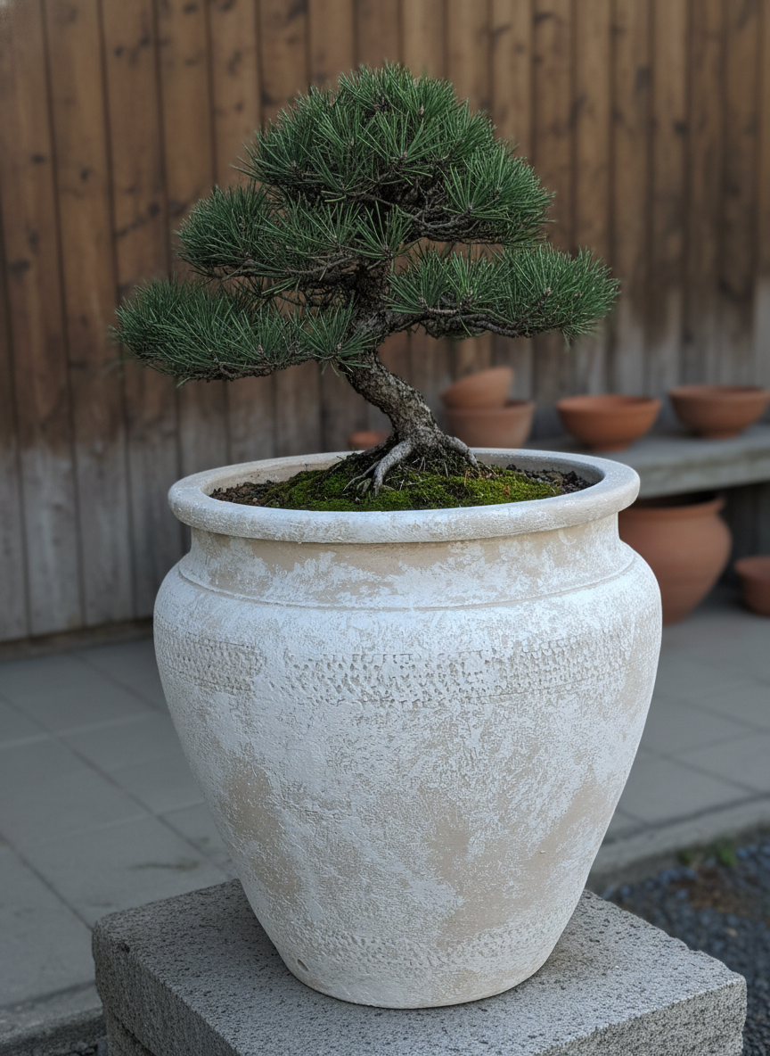 Pot en terre cuite beige rustique à surface texturée et silhouette arrondie