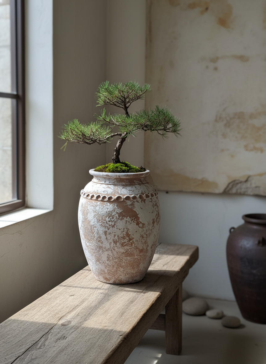 Vaso rustico in terracotta sbiancata con corpo arrotondato e bordo decorativo