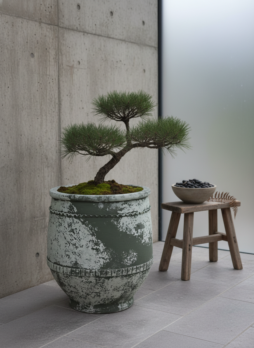 Pot en terre cuite vert vieilli rustique à bandes décoratives pour jardins